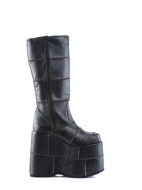 Blk Vegan Leather Goth Cyber Gogo Punk Patched Knee High Boots
